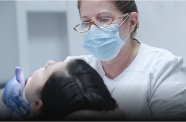 First step of the teeth whitening process, showing preparation and evaluation.